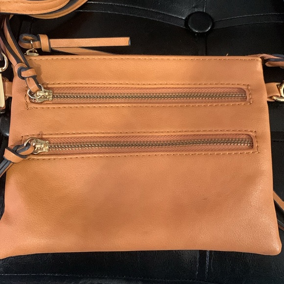 Tan Faux Leather Small Purse or Mulit Zippered Clutch With Shoulder Strap - Picture 2 of 8